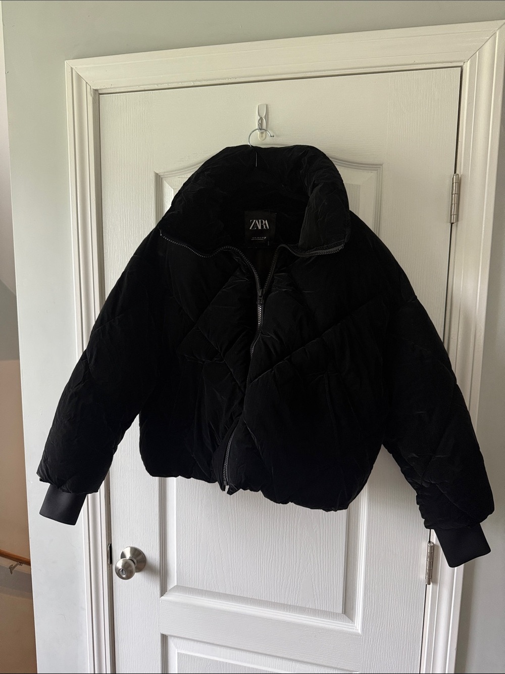 ZARA Black Quilted Velvet Puffer Jacket